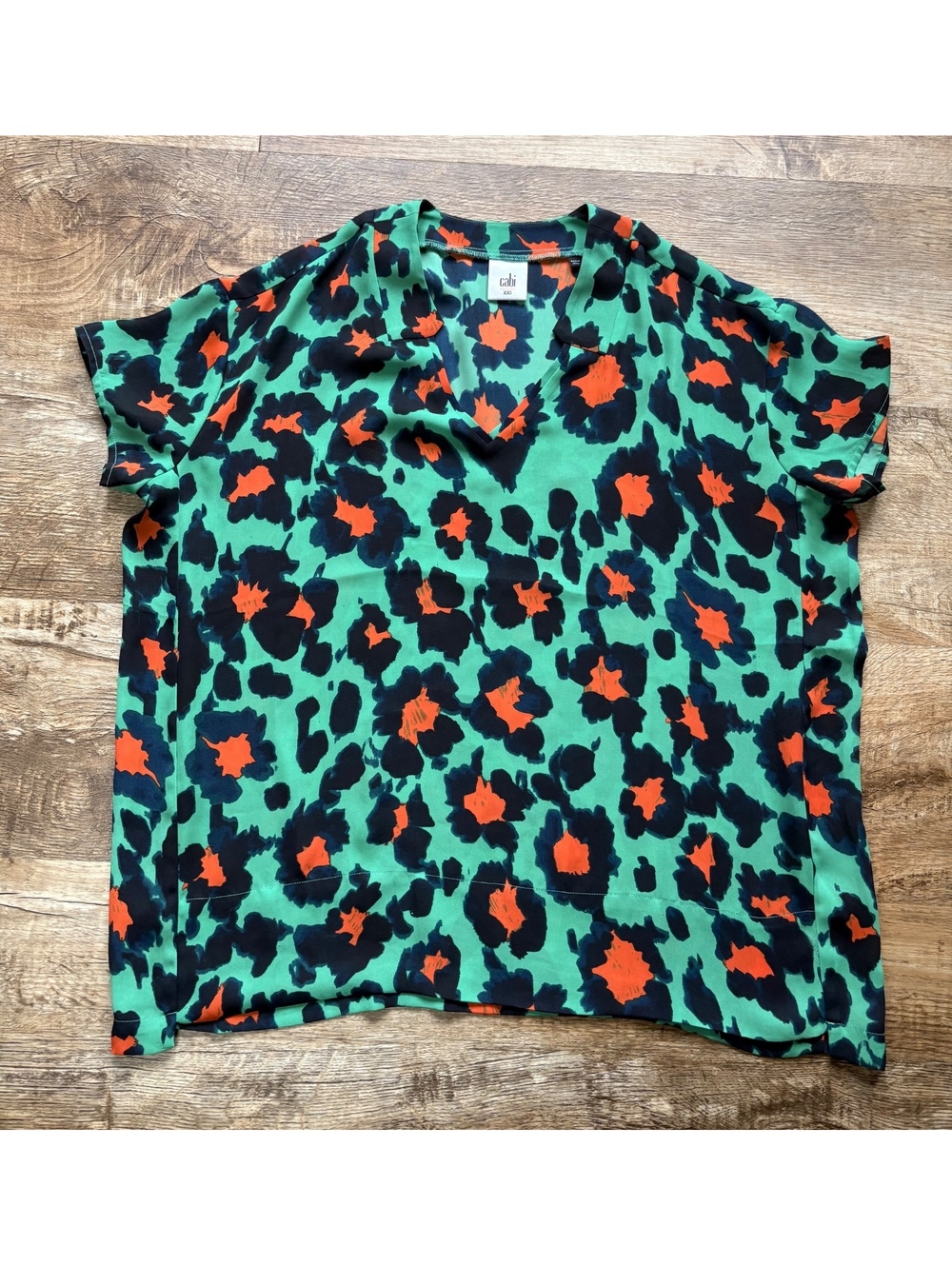 Cabi Women's Green and Orange Animal Print V-Neck Top